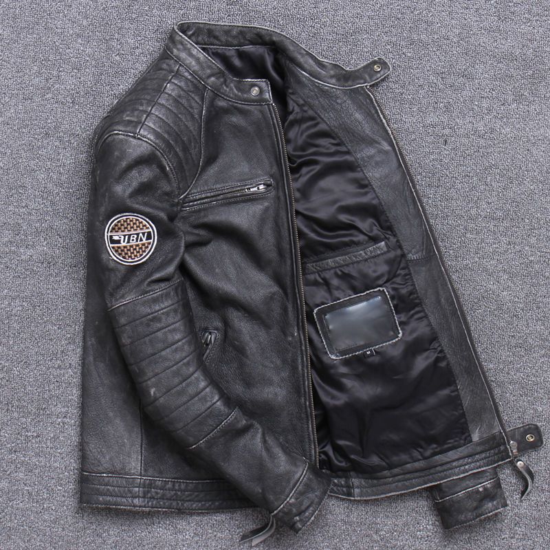 Men's Harley-Style Distressed Genuine Leather Motorcycle Jacket | Stand Collar Slim Fit
