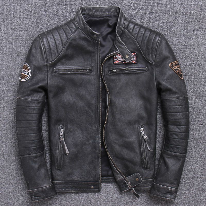 Men's Harley-Style Distressed Genuine Leather Motorcycle Jacket | Stand Collar Slim Fit