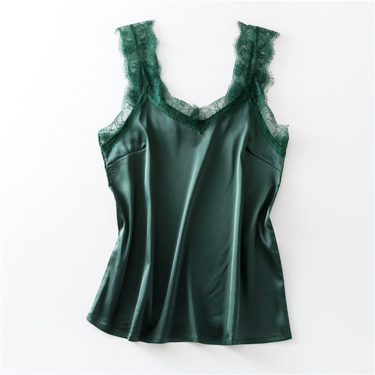 Women's V-Neck Lace Trim Camisole | Eyelash Lace Strap Tank Top