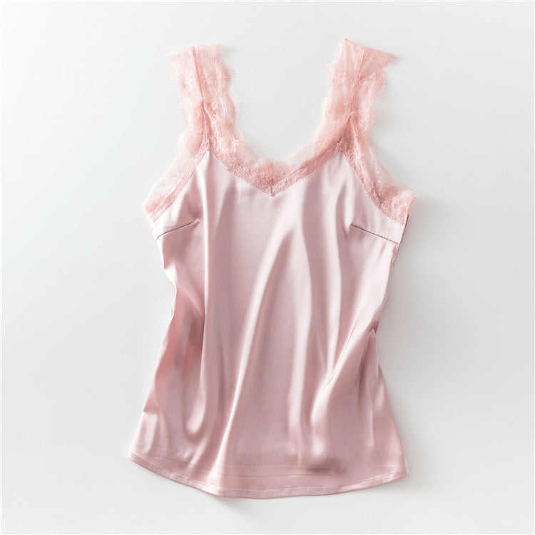 Women's V-Neck Lace Trim Camisole | Eyelash Lace Strap Tank Top