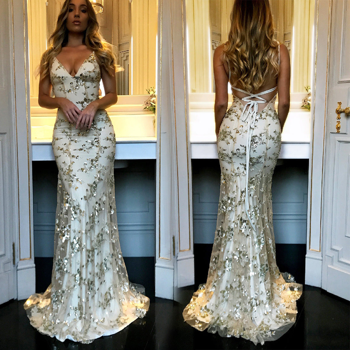 Sequin Mesh Backless Midi Dress – Slim Fit Evening Gown