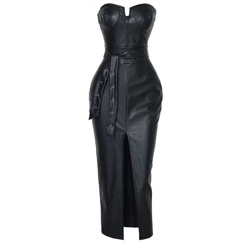 Women's Strapless PU Rivet Bodycon Split Dress – Black, Sizes S–XXXL