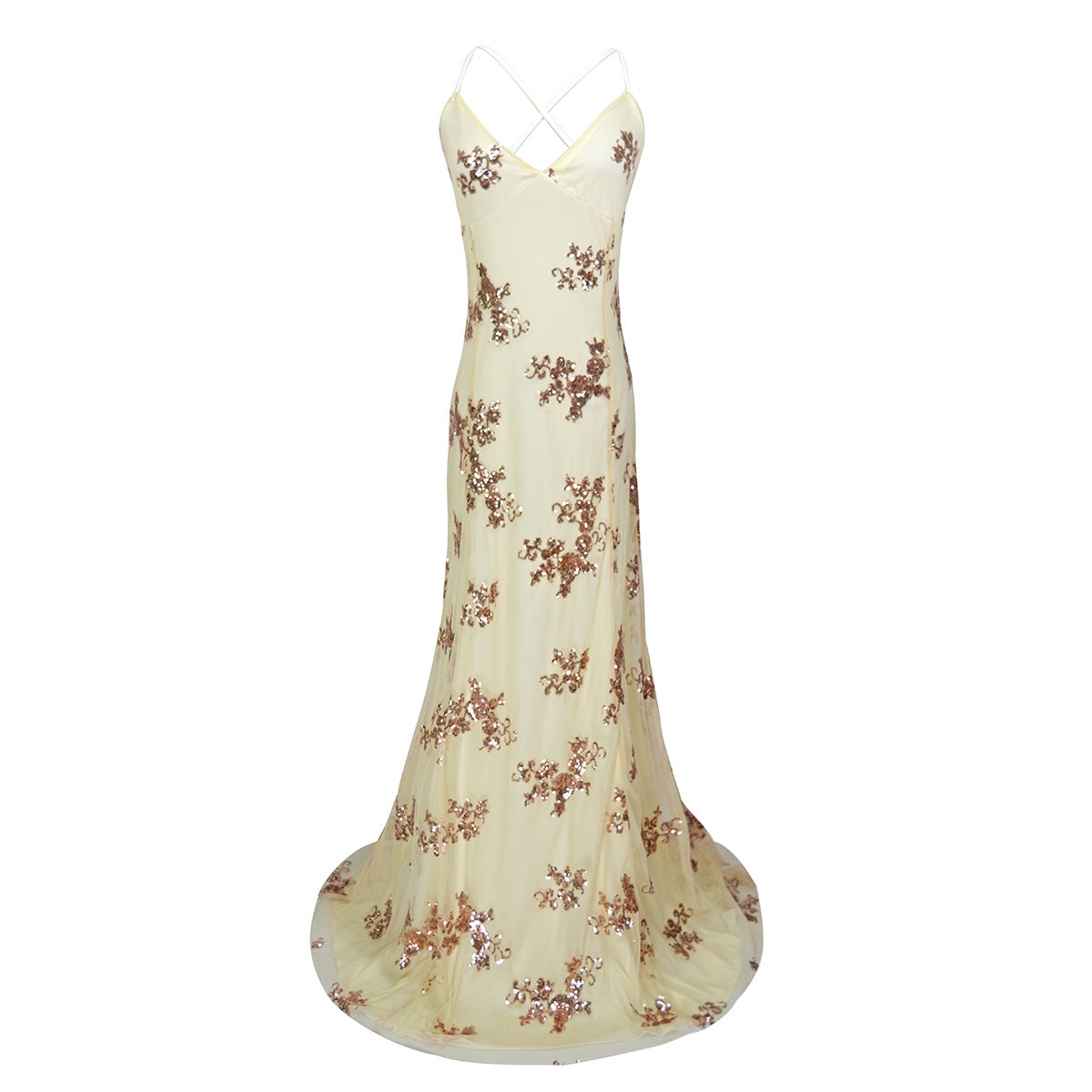 Sequin Mesh Backless Midi Dress – Slim Fit Evening Gown