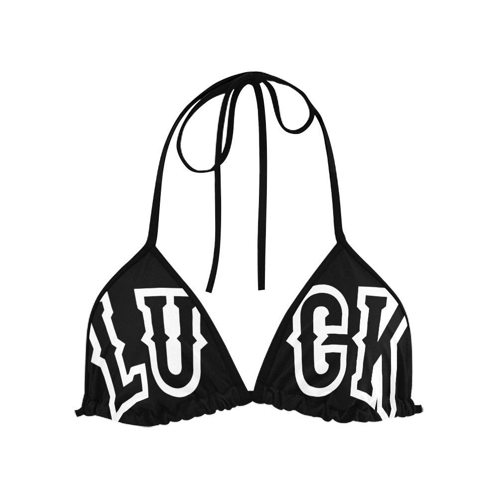 Women's LUCK Bikini Top by Luckless Outfitters – Black & White Logo Swimwear
