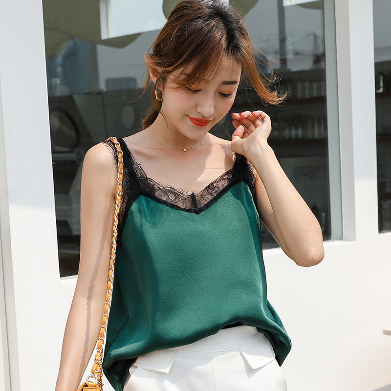 Women's V-Neck Lace Trim Camisole | Eyelash Lace Strap Tank Top