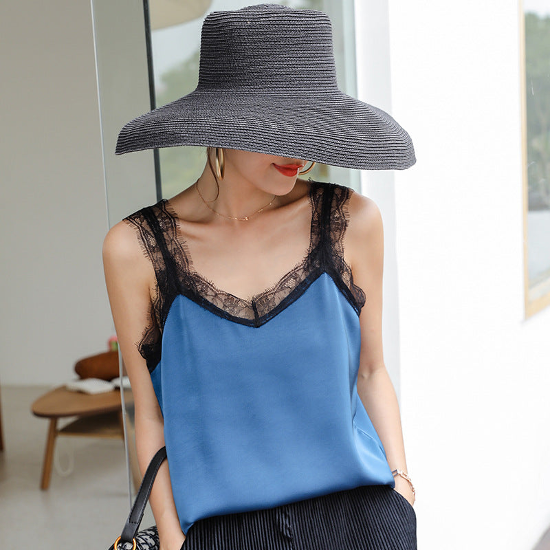 Women's V-Neck Lace Trim Camisole | Eyelash Lace Strap Tank Top
