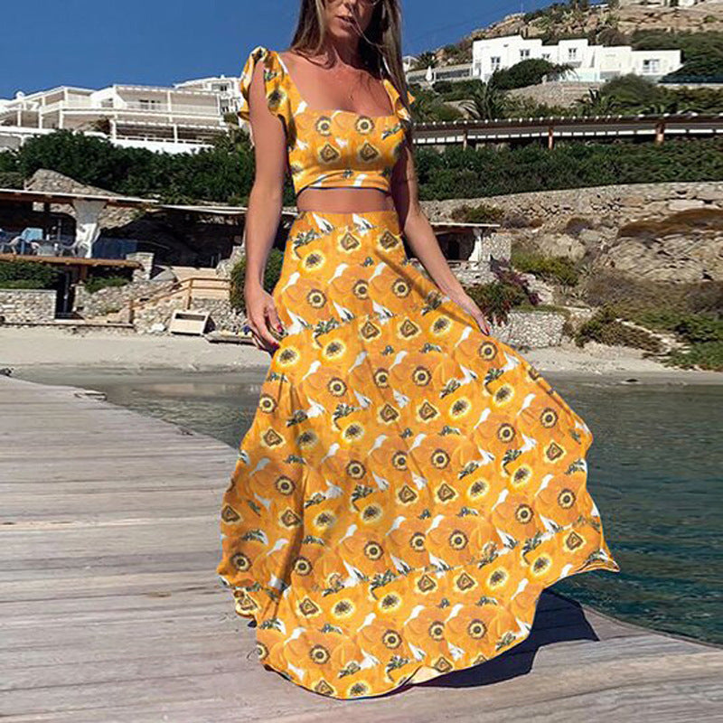 Women's Bohemian Printed Sleeveless Two-Piece Dress Set