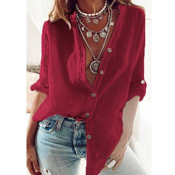 Women's Solid Cotton Loose V-Neck Long Sleeve Top | Casual Everyday Tee