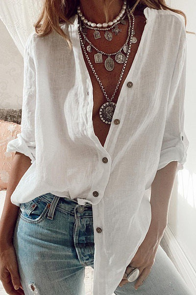 Women's Solid Cotton Loose V-Neck Long Sleeve Top | Casual Everyday Tee