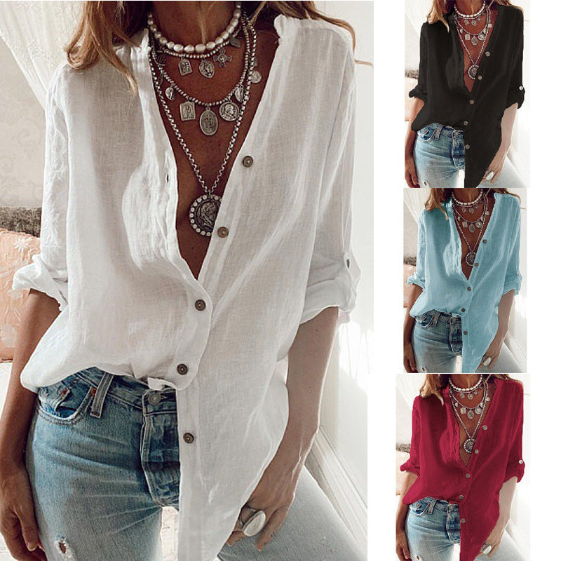 Women's Solid Cotton Loose V-Neck Long Sleeve Top | Casual Everyday Tee