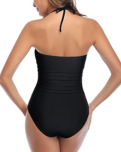 Women's Halter Tie Knot Cutout One-Piece Swimsuit | Tummy Control, High Waist, Backless | Black, Sizes S–XXL