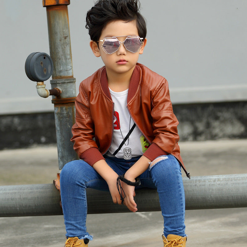 Kids' Korean-Style Faux Leather Moto Biker Jacket