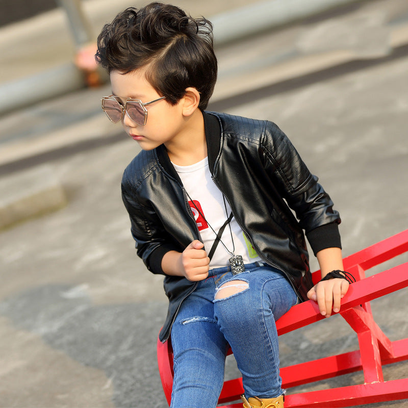 Kids' Korean-Style Faux Leather Moto Biker Jacket