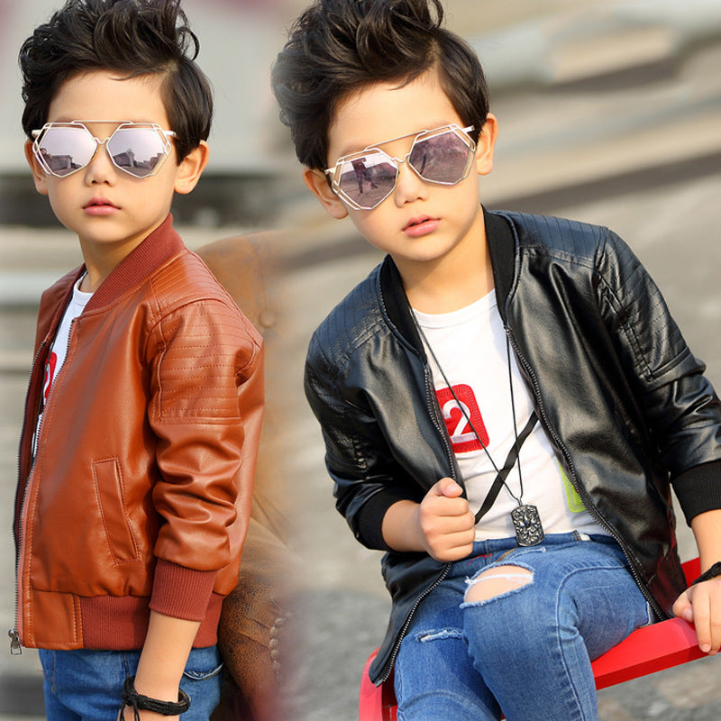 Kids' Korean-Style Faux Leather Moto Biker Jacket