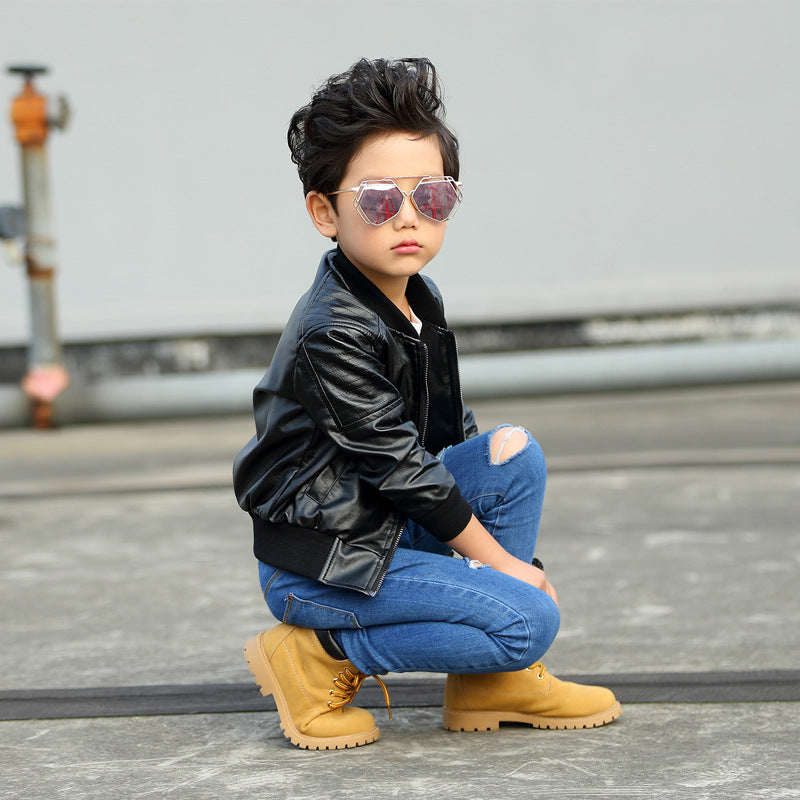 Kids' Korean-Style Faux Leather Moto Biker Jacket