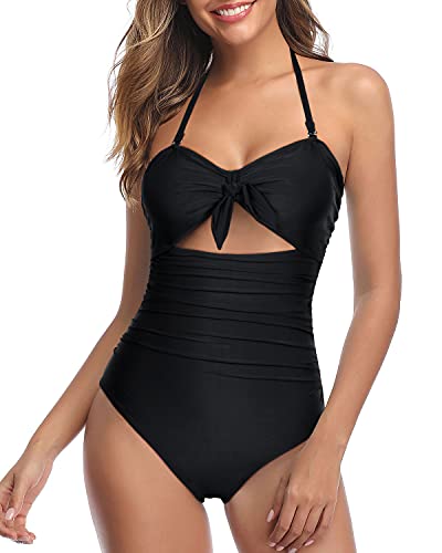Women's Halter Tie Knot Cutout One-Piece Swimsuit | Tummy Control, High Waist, Backless | Black, Sizes S–XXL