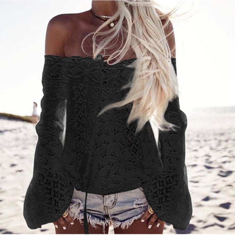 Women's Off-Shoulder Bell Sleeve Lace Top | Romantic Flowy Blouse