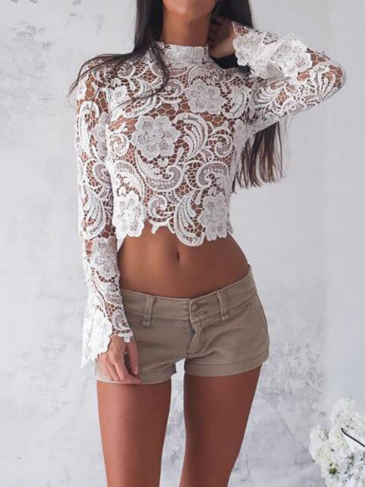 Women's Floral Lace See-Through Long Sleeve Crop Top | Stand Collar