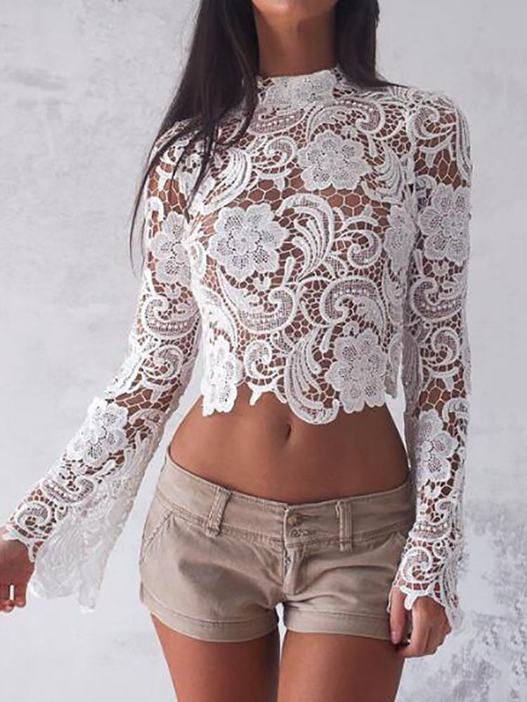 Women's Floral Lace See-Through Long Sleeve Crop Top | Stand Collar