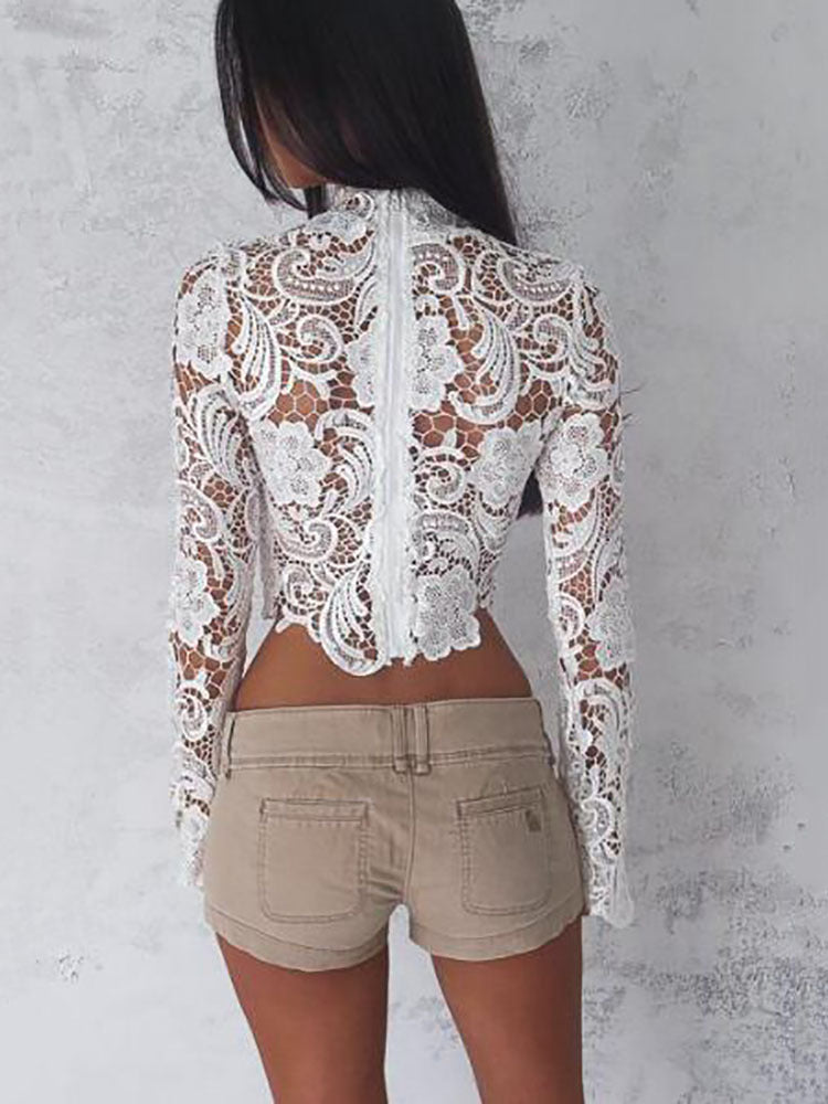 Women's Floral Lace See-Through Long Sleeve Crop Top | Stand Collar