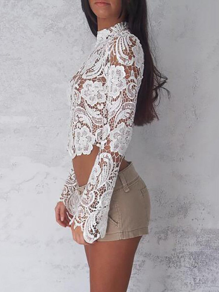 Women's Floral Lace See-Through Long Sleeve Crop Top | Stand Collar
