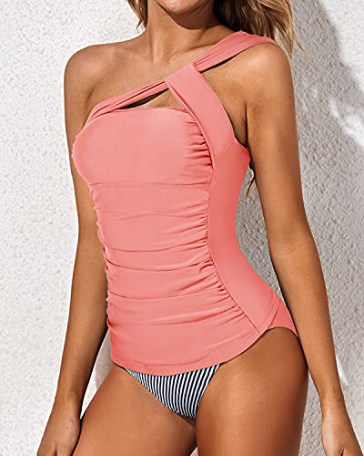 Women's Asymmetrical One Shoulder Tankini Shorts-Coral Pink Stripe