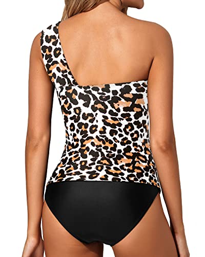 Sexy Two Piece One Shoulder Swim Top Shorts-Black And Leopard