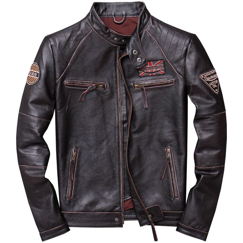Men's Harley-Style Distressed Genuine Leather Motorcycle Jacket | Stand Collar Slim Fit