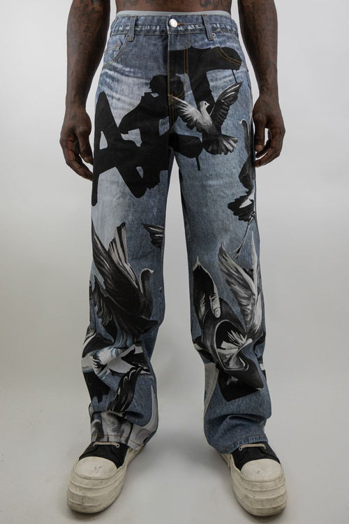 Armor Doves Print Baggy Jeans - Light Blue