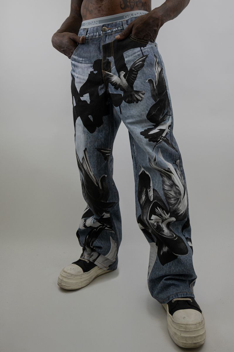 Armor Doves Print Baggy Jeans - Light Blue