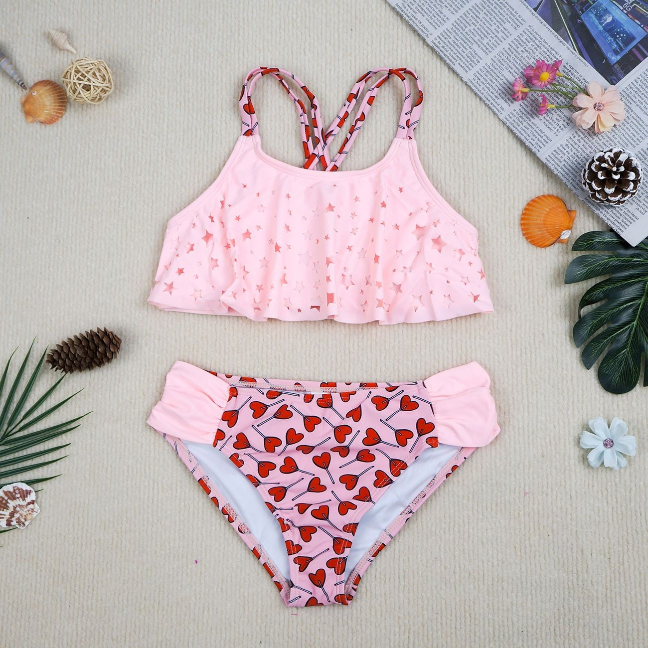 Girls' Pink Ruffle Two-Piece Swimsuit – Kids Bikini Set | Pink & Rose Pink