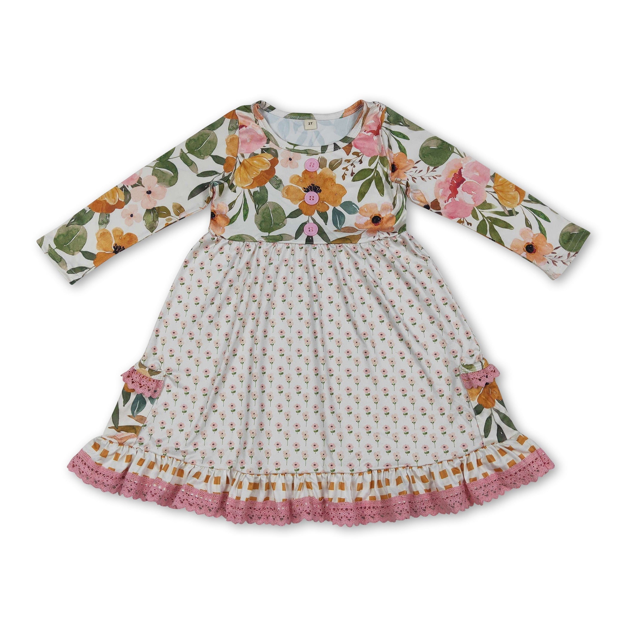 Girls' Long Sleeve Floral Ruffle Dress with Pockets