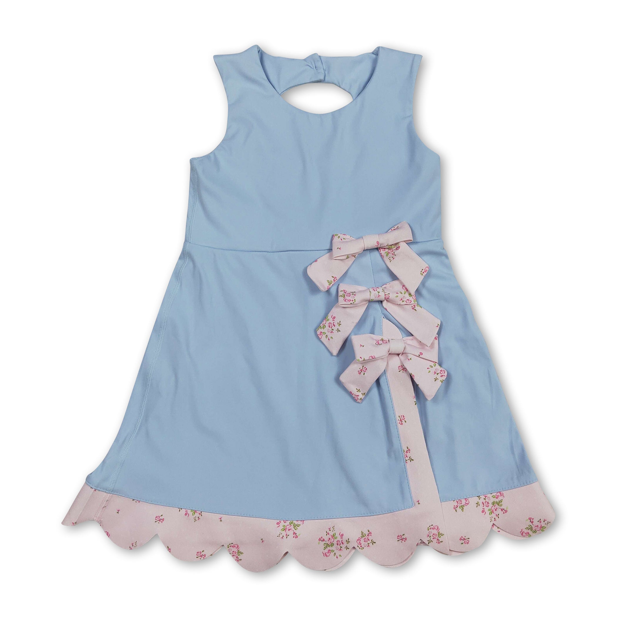 Girls' Sleeveless Floral Bow Light Blue Summer Athletic Dress
