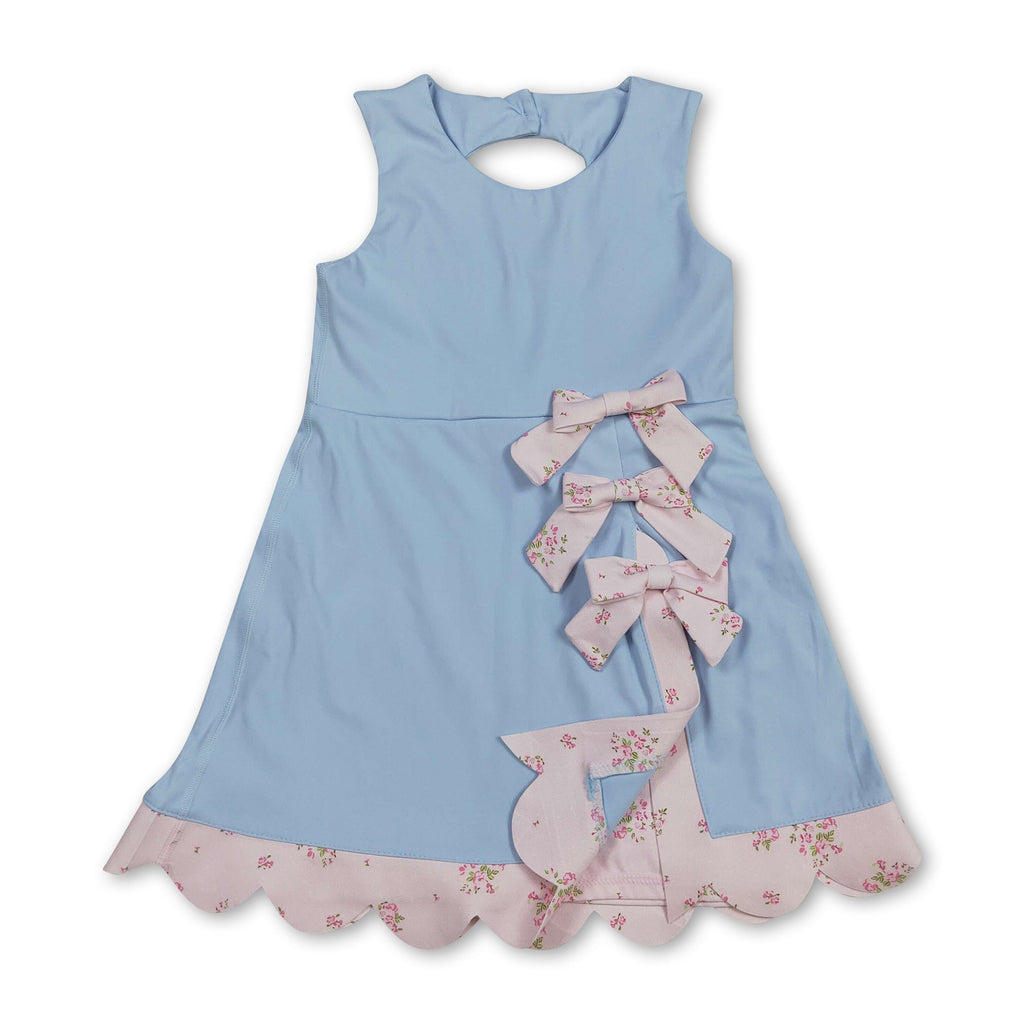 Girls' Sleeveless Floral Bow Light Blue Summer Athletic Dress