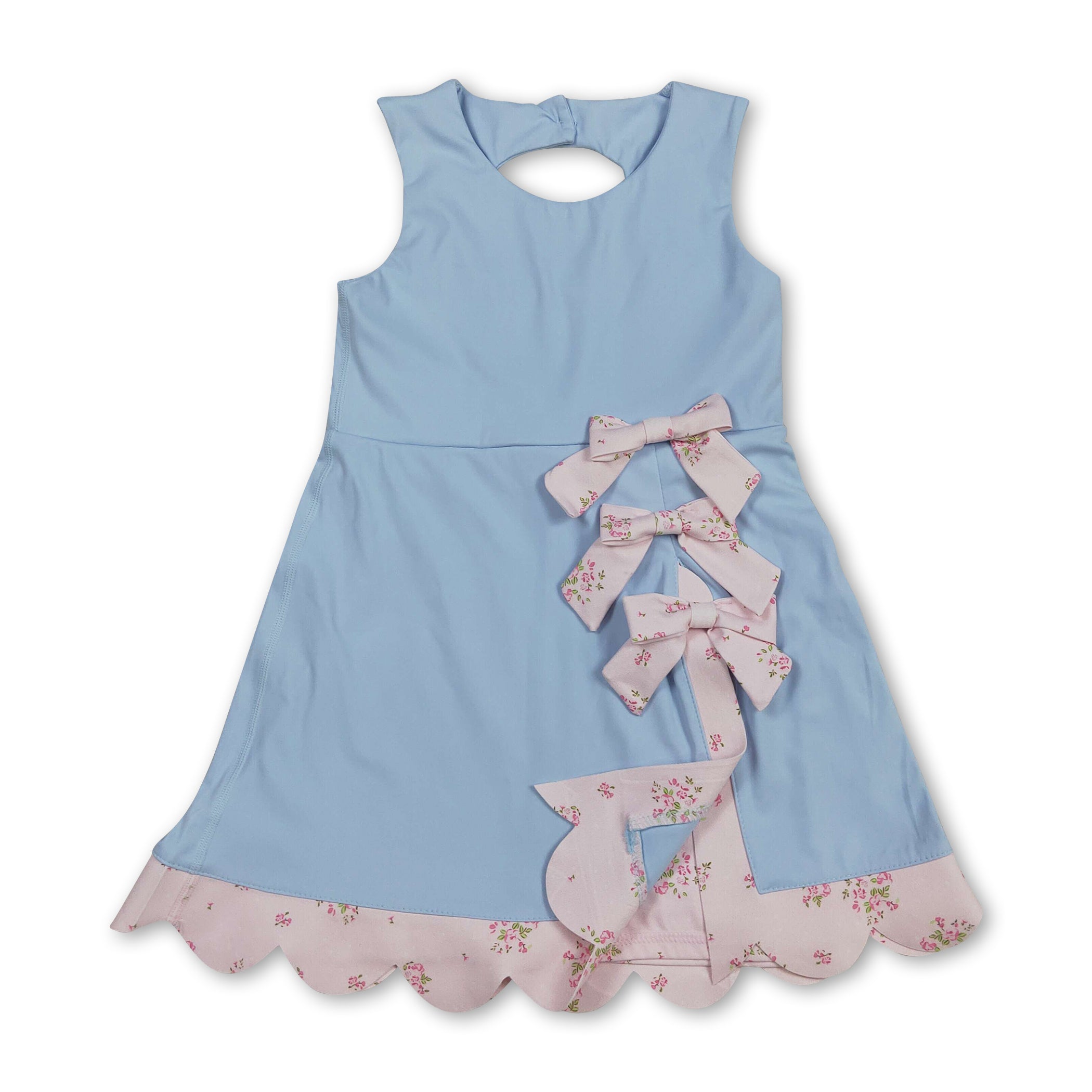 Girls' Sleeveless Floral Bow Light Blue Summer Athletic Dress