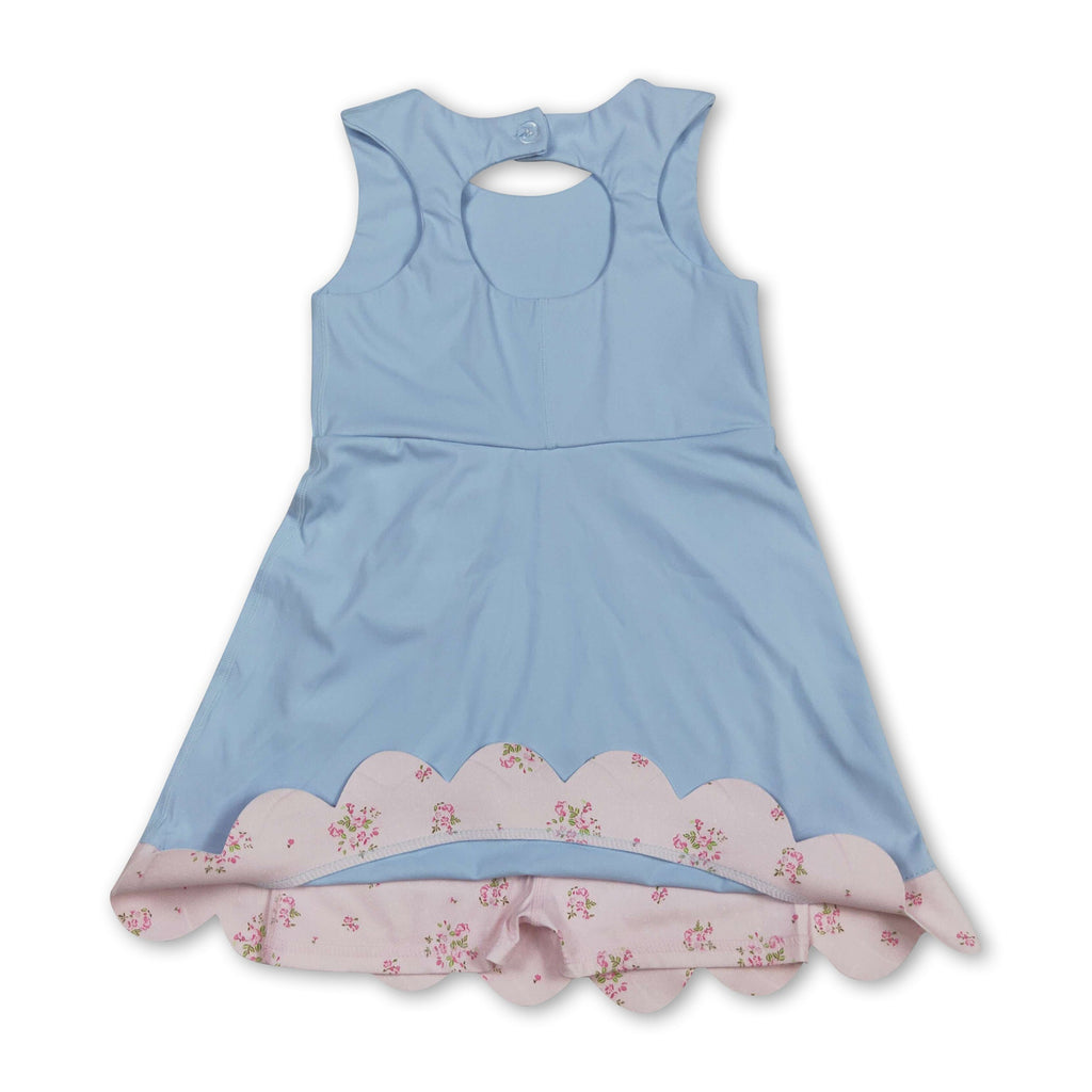 Girls' Sleeveless Floral Bow Light Blue Summer Athletic Dress