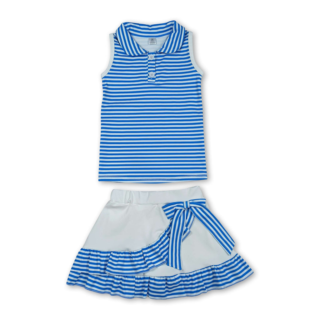 Girls' Sleeveless Blue Stripe Polo Activewear Top & Skirt Set