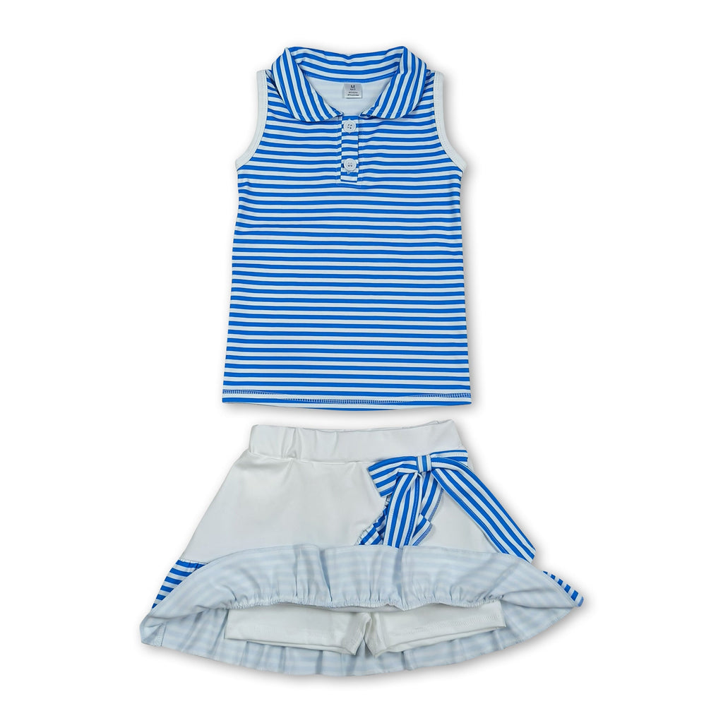 Girls' Sleeveless Blue Stripe Polo Activewear Top & Skirt Set