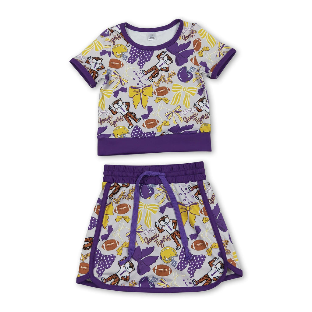 Girls' Purple Bow Tiger Print Activewear Top & Skirt Set