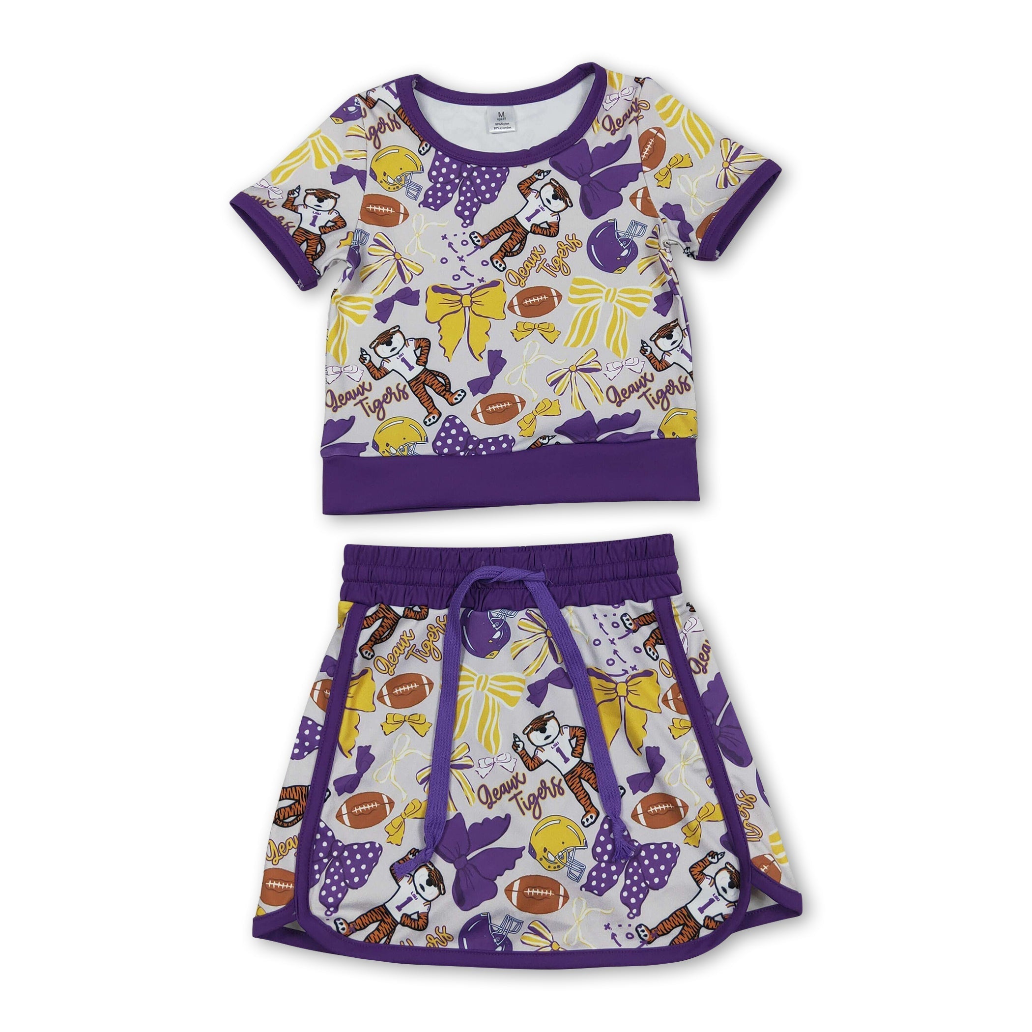 Girls' Purple Bow Tiger Print Activewear Top & Skirt Set