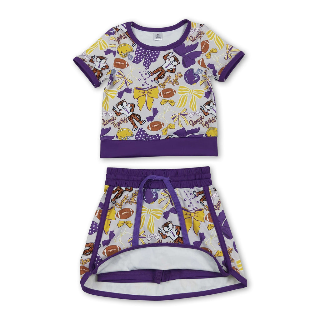 Girls' Purple Bow Tiger Print Activewear Top & Skirt Set