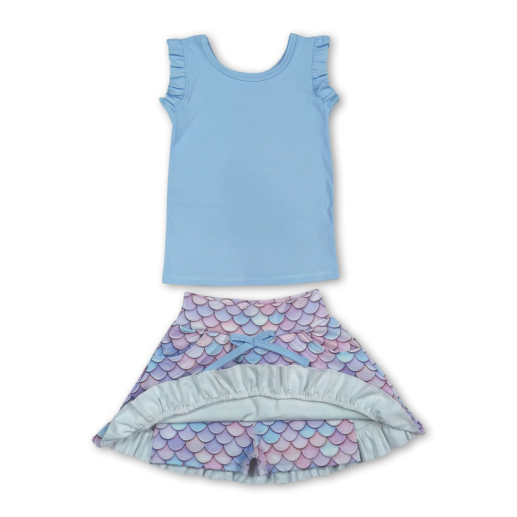 Girls' Sleeveless Light Blue Mermaid Scale Activewear Top & Skirt Set