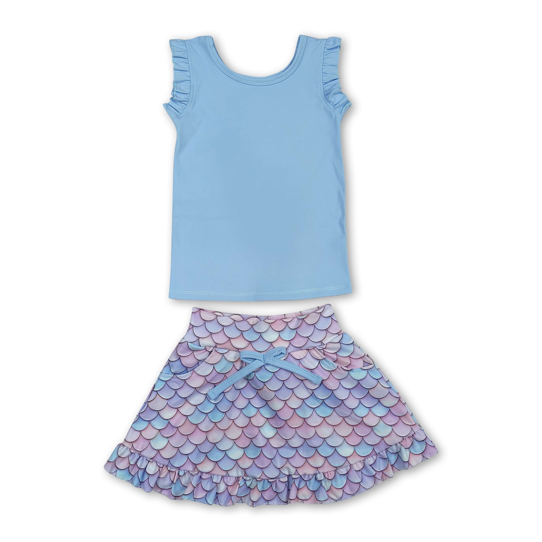 Girls' Sleeveless Light Blue Mermaid Scale Activewear Top & Skirt Set