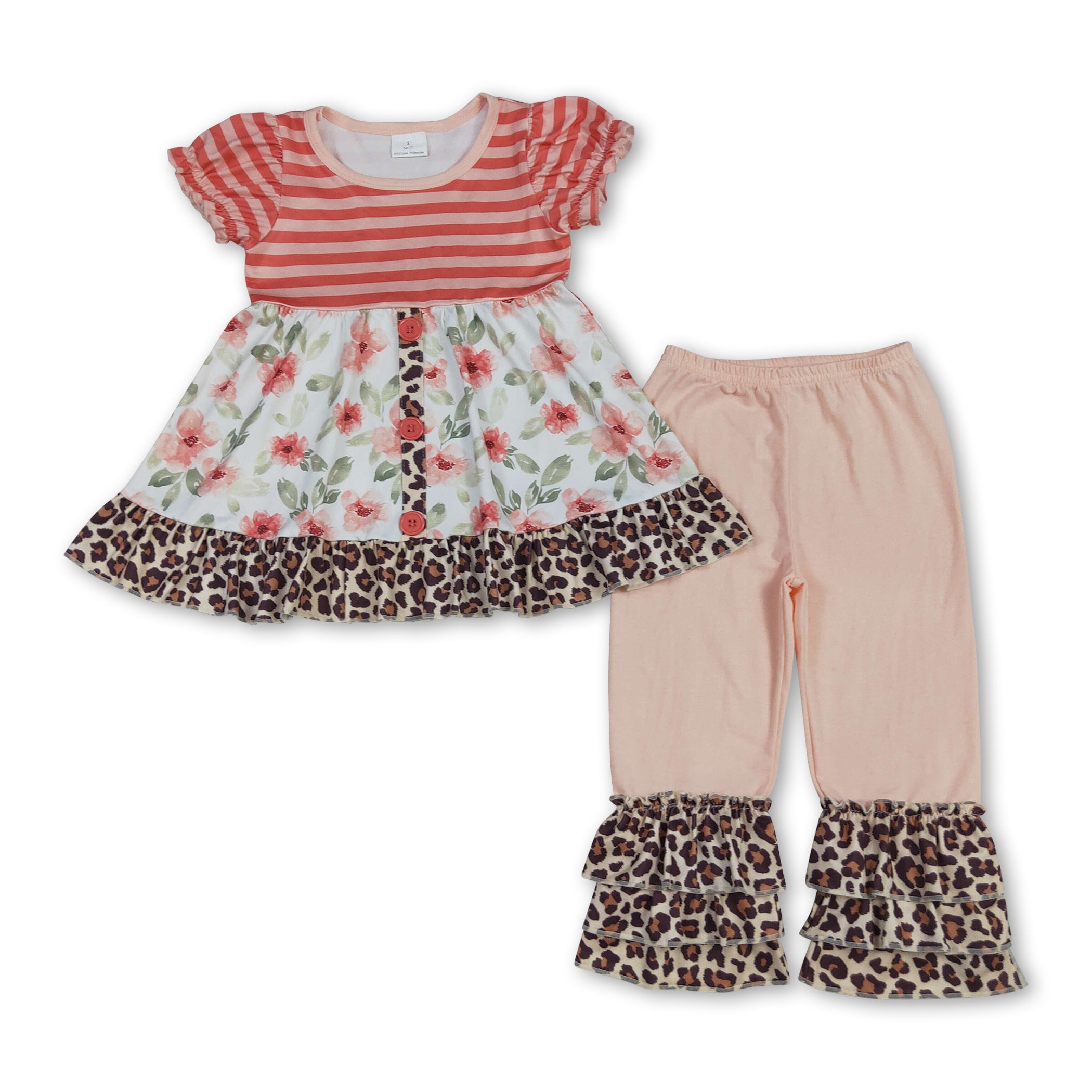 Girls' Short Sleeve Floral Leopard Tunic & Ruffle Pants Set