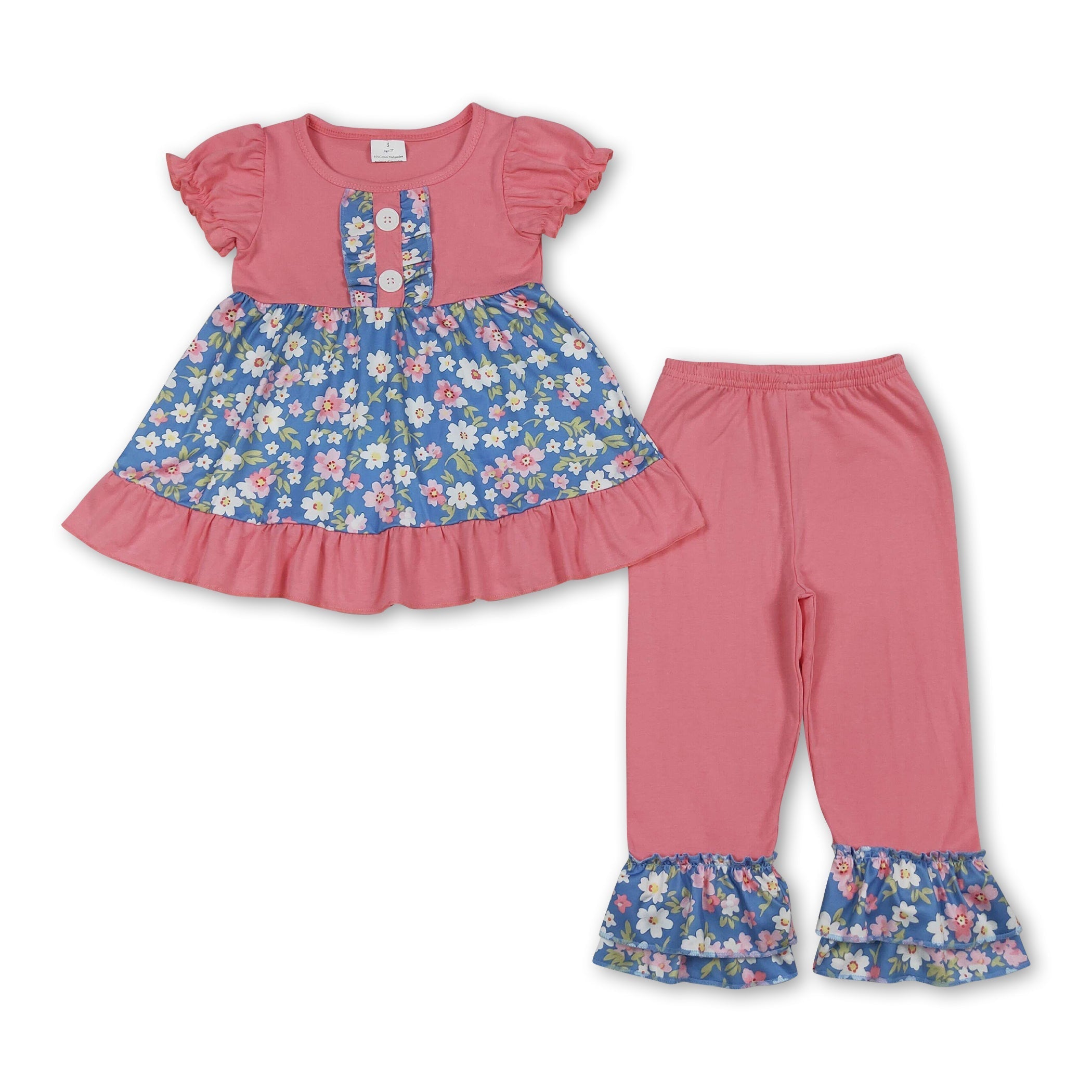 Girls' Pink Floral Short Sleeve Tunic & Ruffle Pants Set