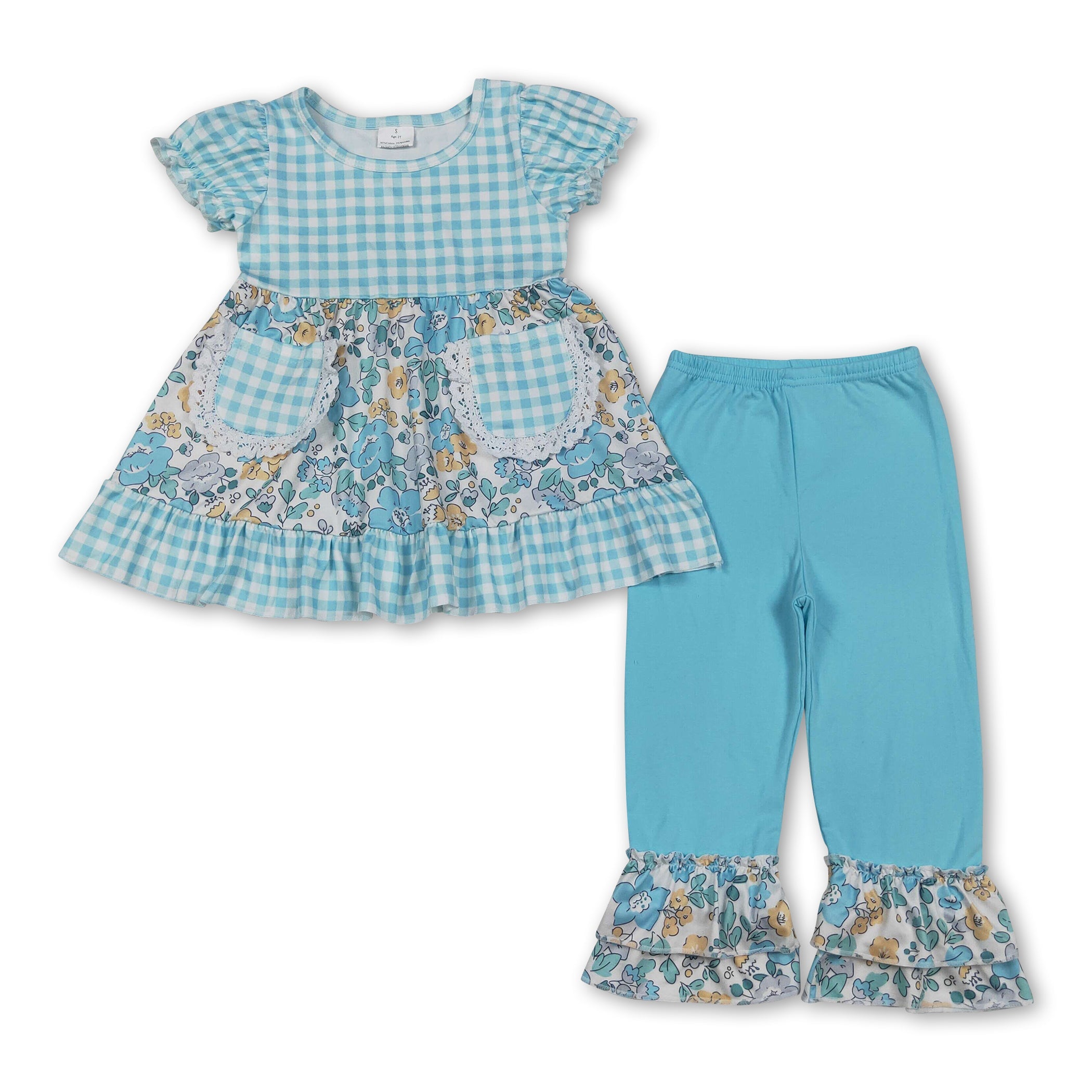 Girls' Short Sleeve Plaid Floral Tunic & Pants Set