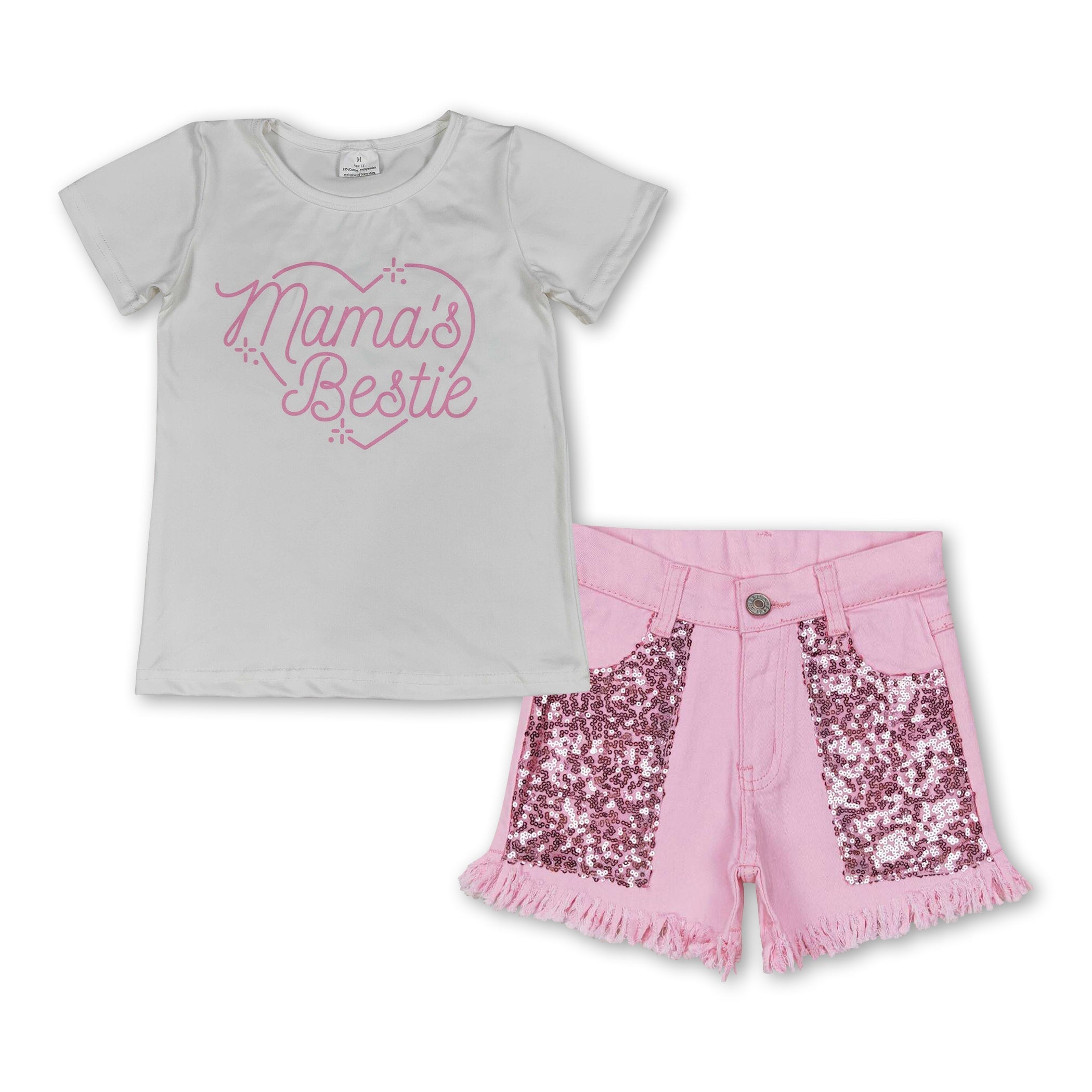 Girls' Mama's Bestie Heart Top & Sequin Denim Shorts Set