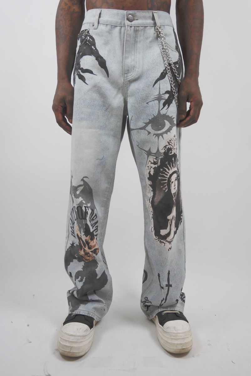 Armor Mary Print Baggy Jeans - Light Blue