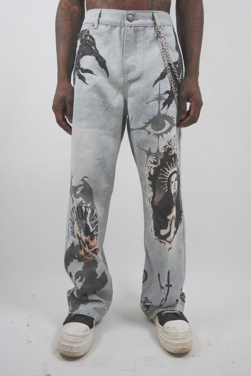 Armor Mary Print Baggy Jeans - Light Blue