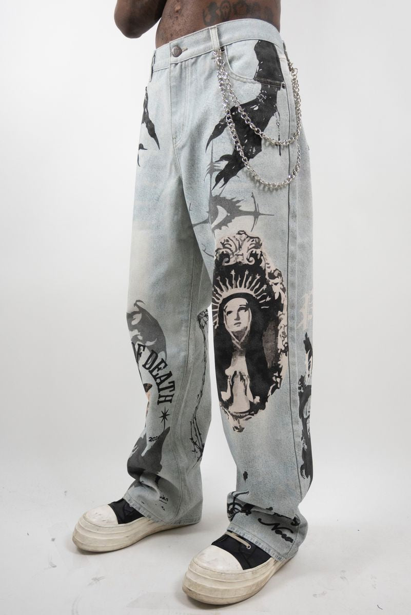 Armor Mary Print Baggy Jeans - Light Blue
